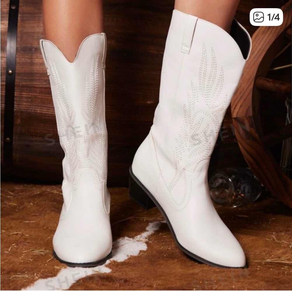 ROMWE White Western Mid-Calf Heeled Boots